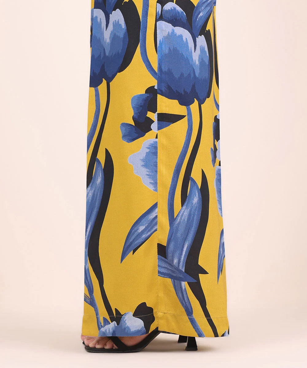 AZURE BLUE AND GOLDEN FLORAL LONG TOP AND PANT SET