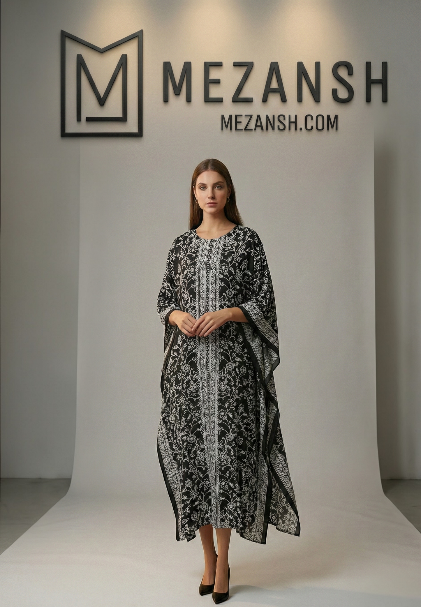 MONOCHROME BLOOM LUXE LONG KAFTAN WITH DUPATTA