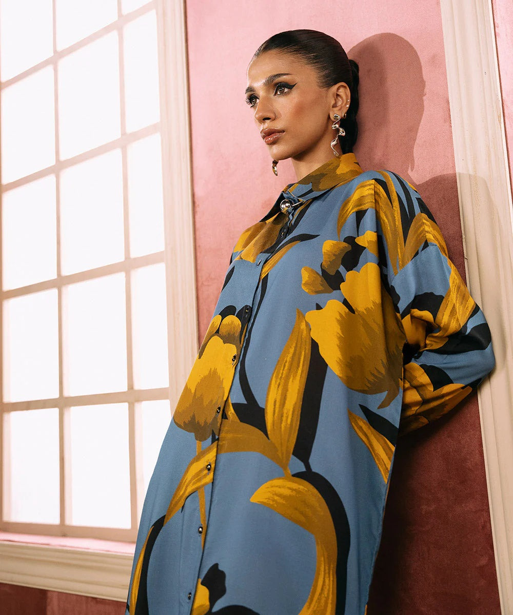 AZURE BLUE AND GOLDEN FLORAL LONG TOP AND PANT SET