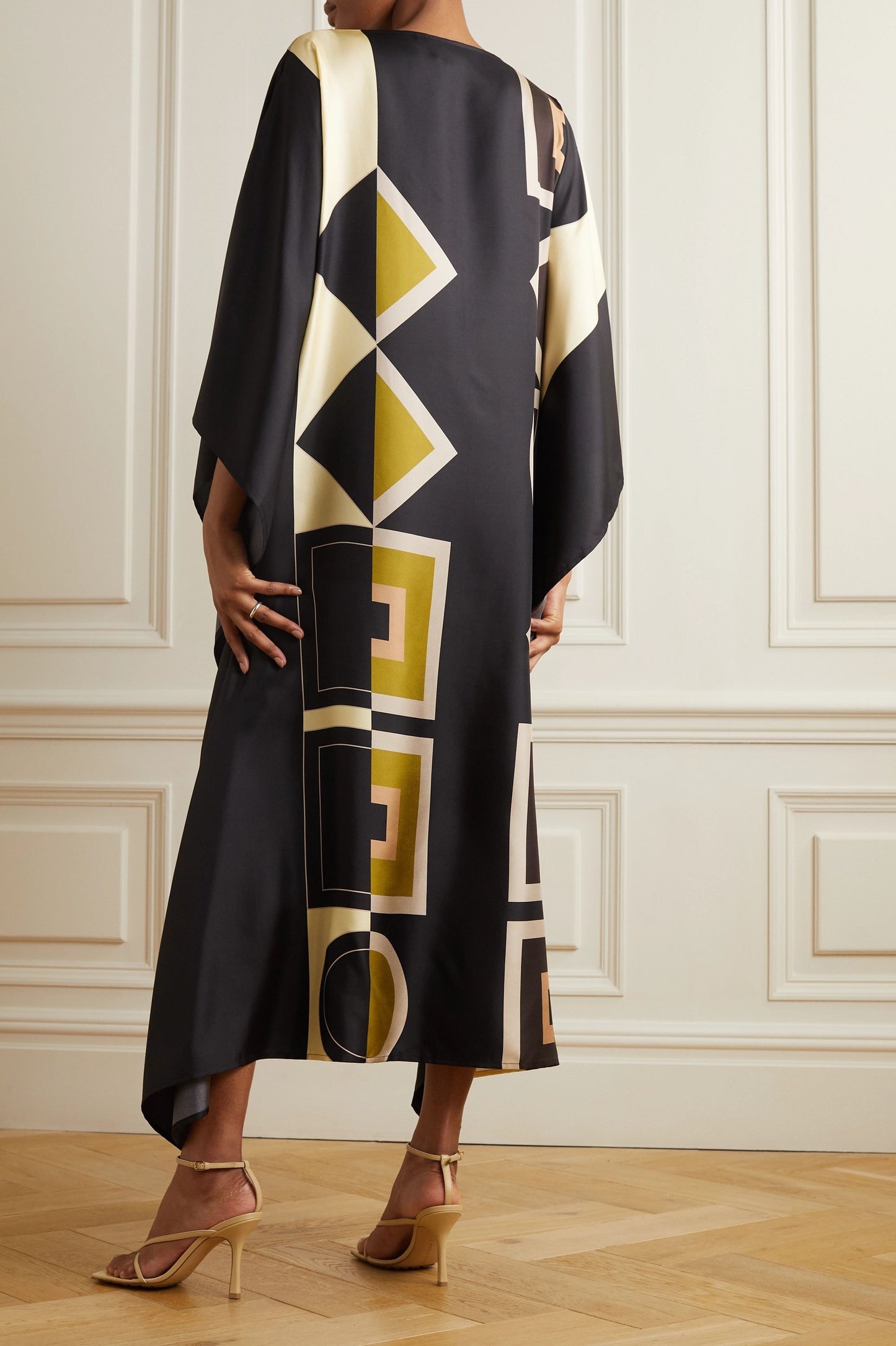 SOFT SATIN SILK CALF LENGTH GEOMETRIC PRINTED LUXURY KAFTAN
