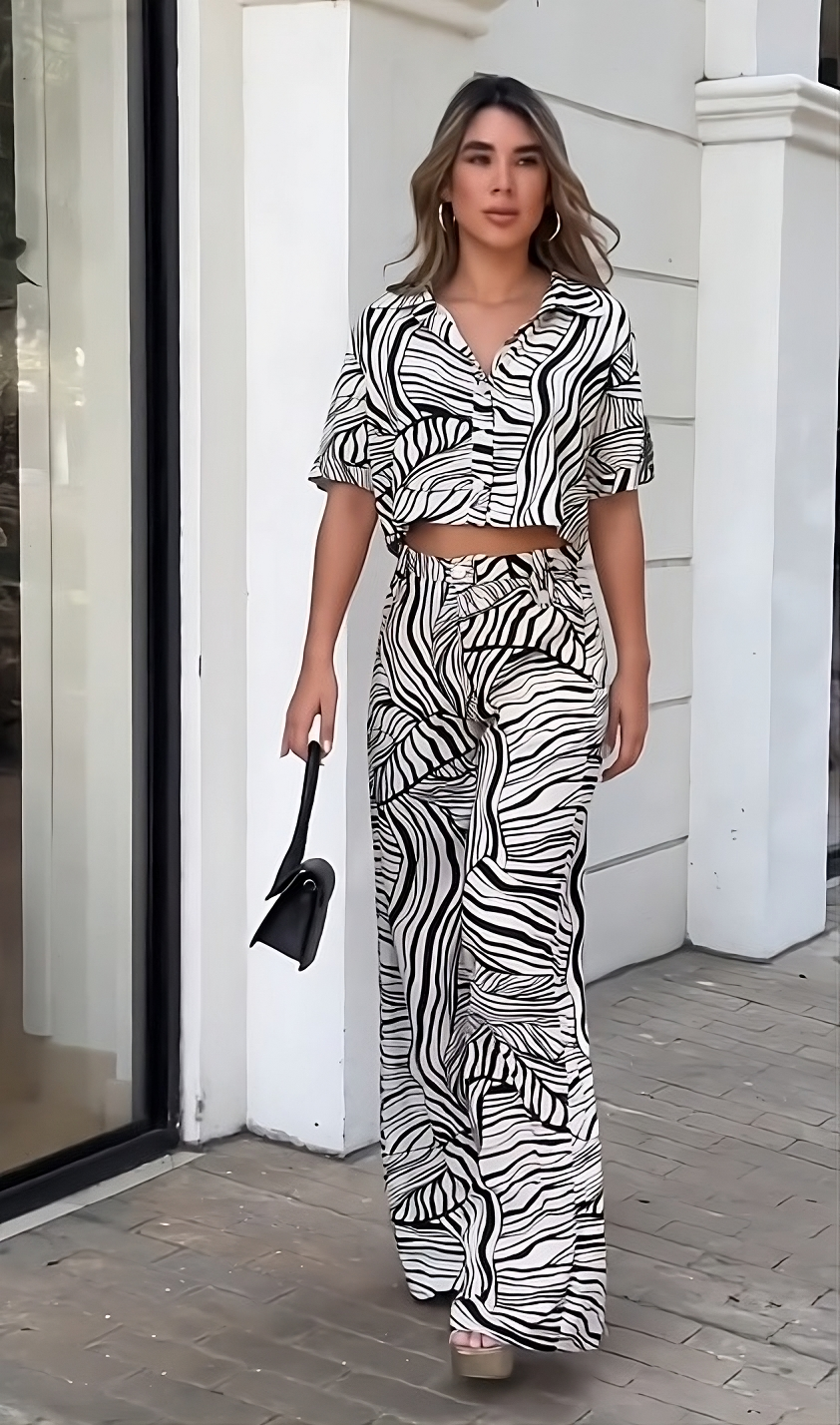 PREMIUM BLACK AND WHITE ABSTRACT CROP TOP + PANT SET