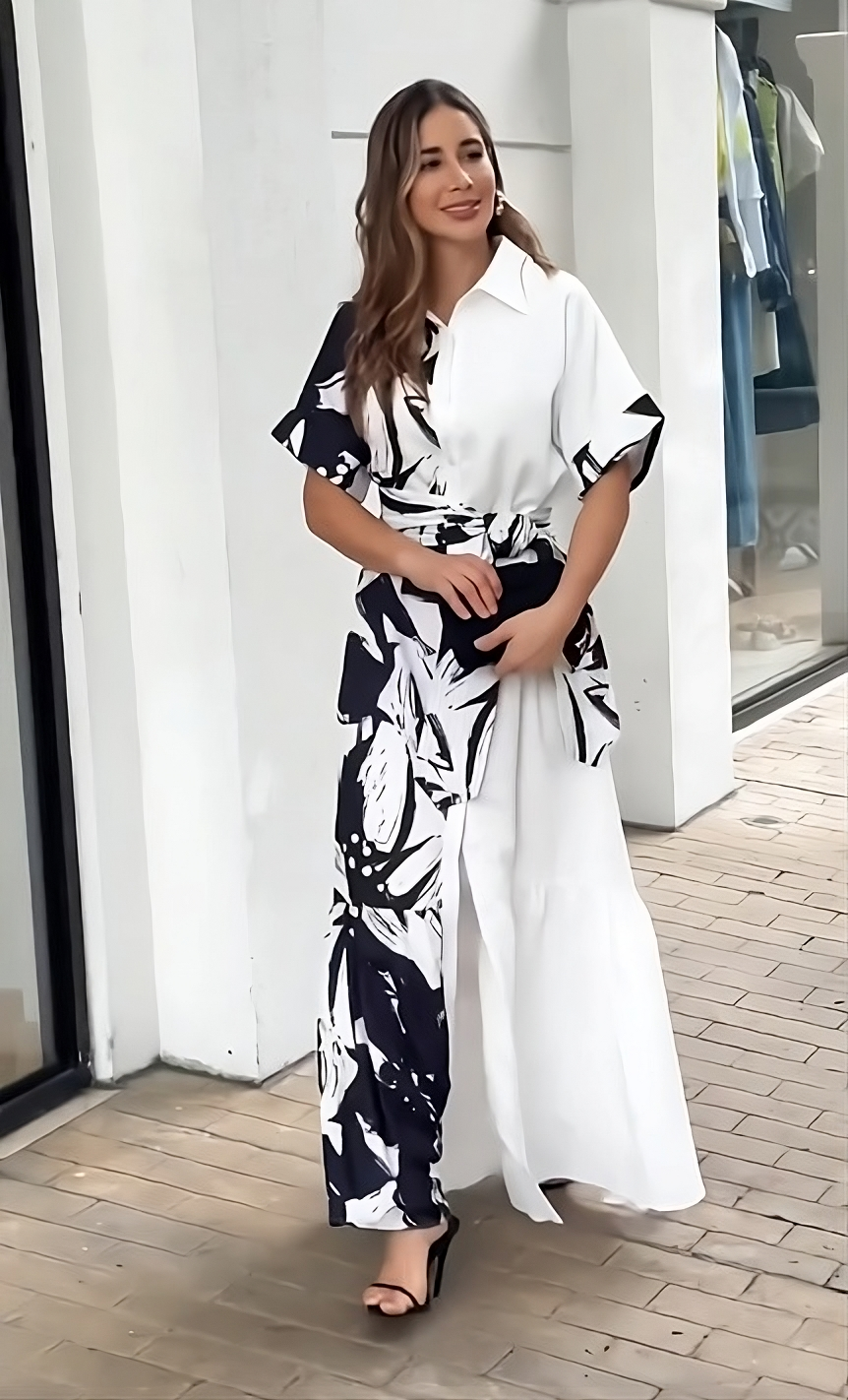 BLACK & WHITE ABSTRACT PRINT MAXI DRESS WITH BELT AND V-NECK Style