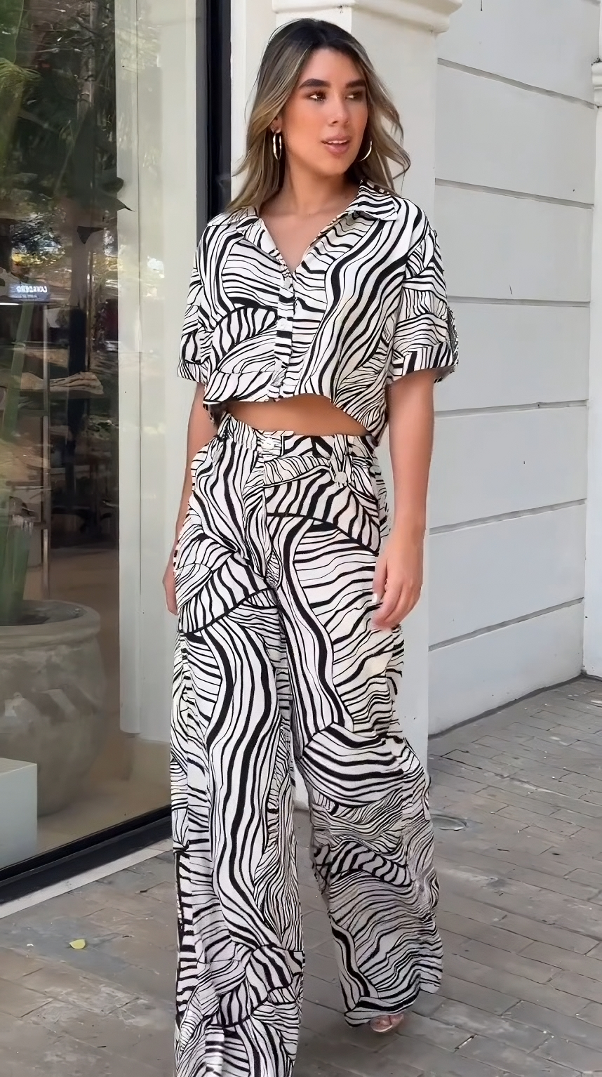 PREMIUM BLACK AND WHITE ABSTRACT CROP TOP + PANT SET