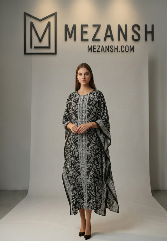 MONOCHROME BLOOM LUXE LONG KAFTAN WITH DUPATTA