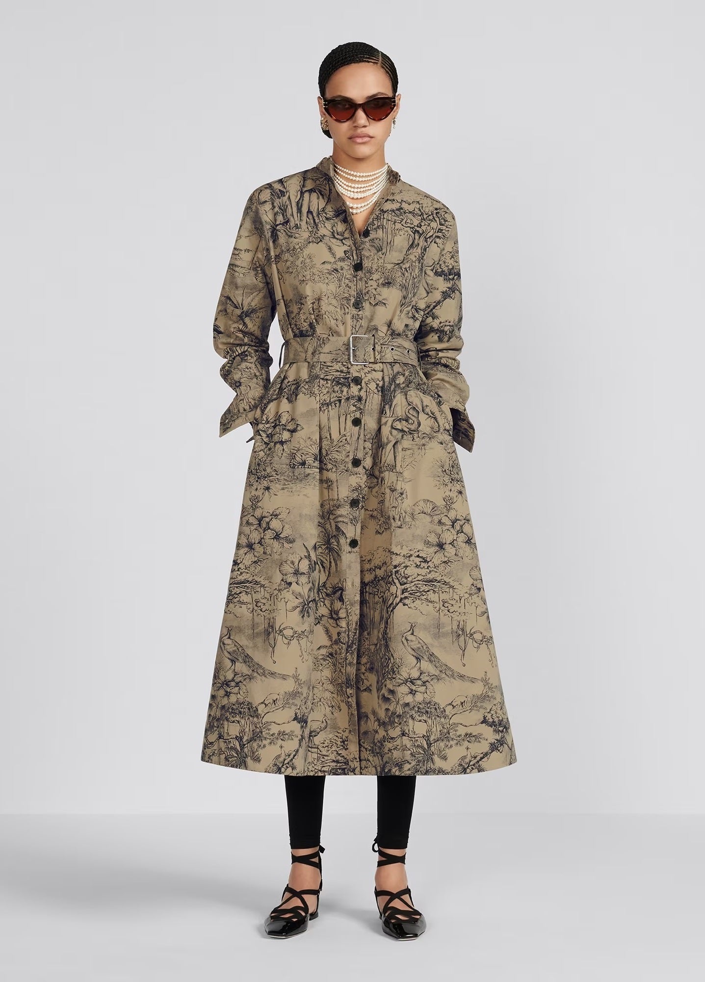 ELEGANT LOMG-SLEEVE TRENCH DRESS WITH INTRICATE NATURE PRINT