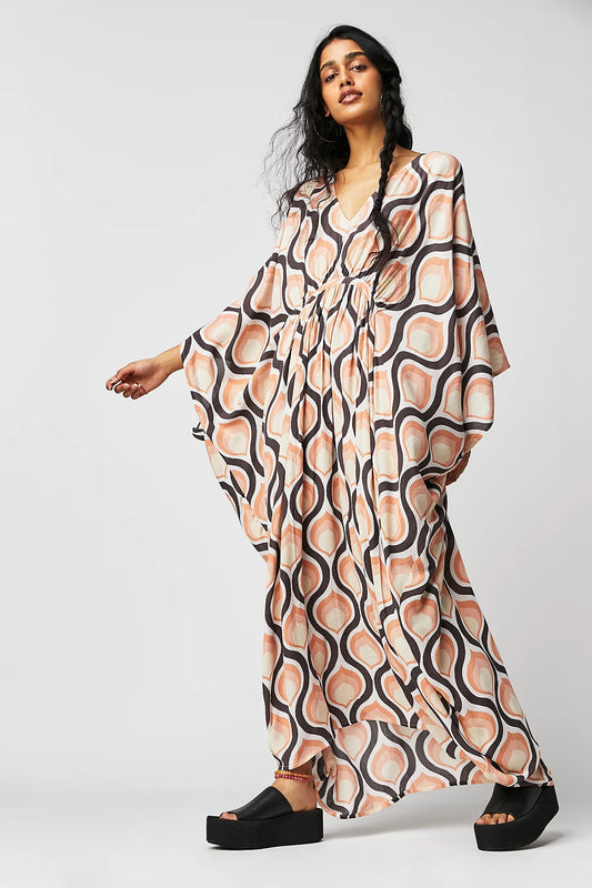 RETRO CHIC FLOWING MAXI DRESS WITH  GEOMETRIC PATTERN