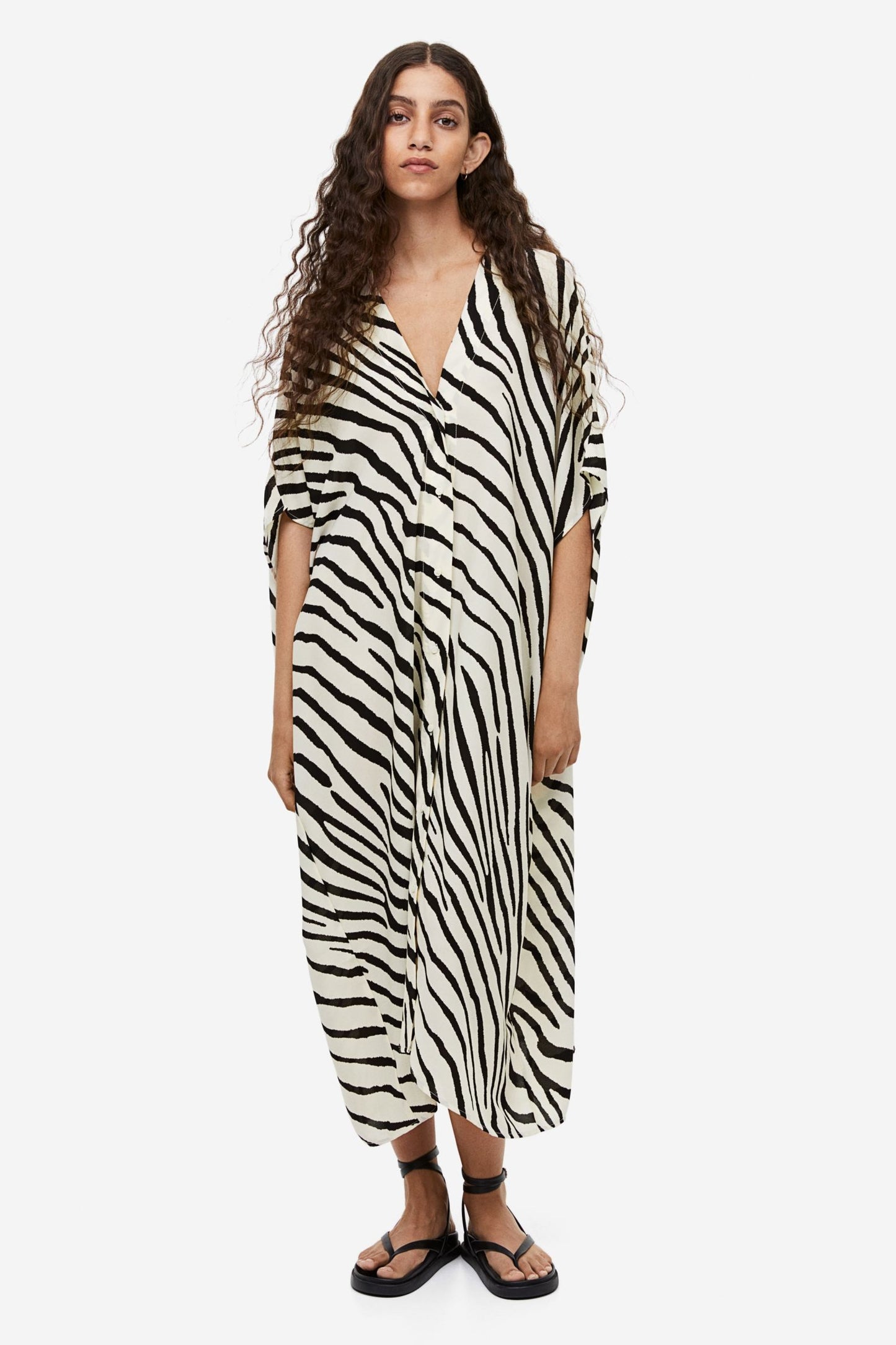 V-CUT DESIGN PREMIUM BLACK STRIPES KAFTAN DRESS