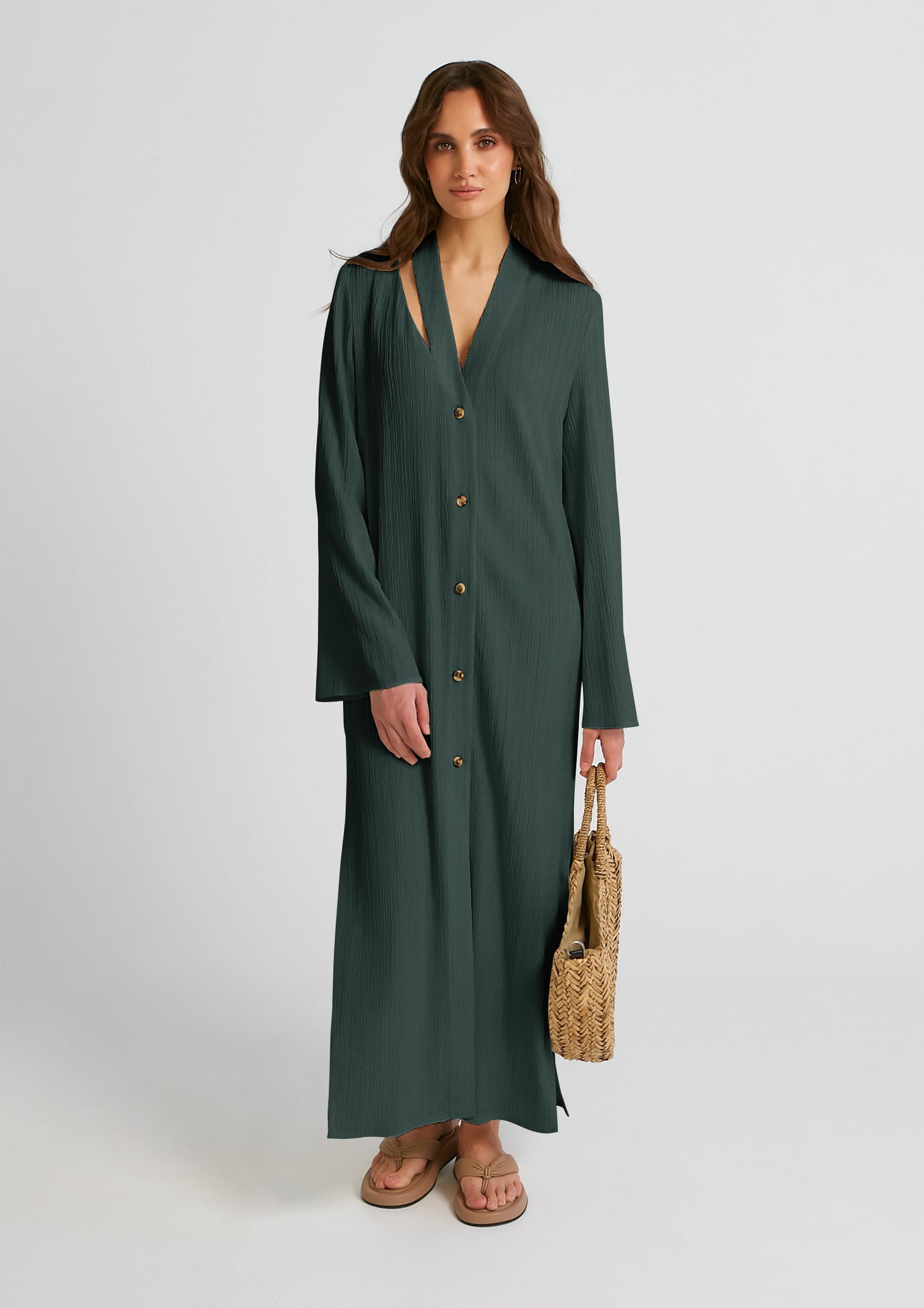 SOLID COLOR PLAIN OYSTER CRUSH SHIRT STYLE LONG DRESS