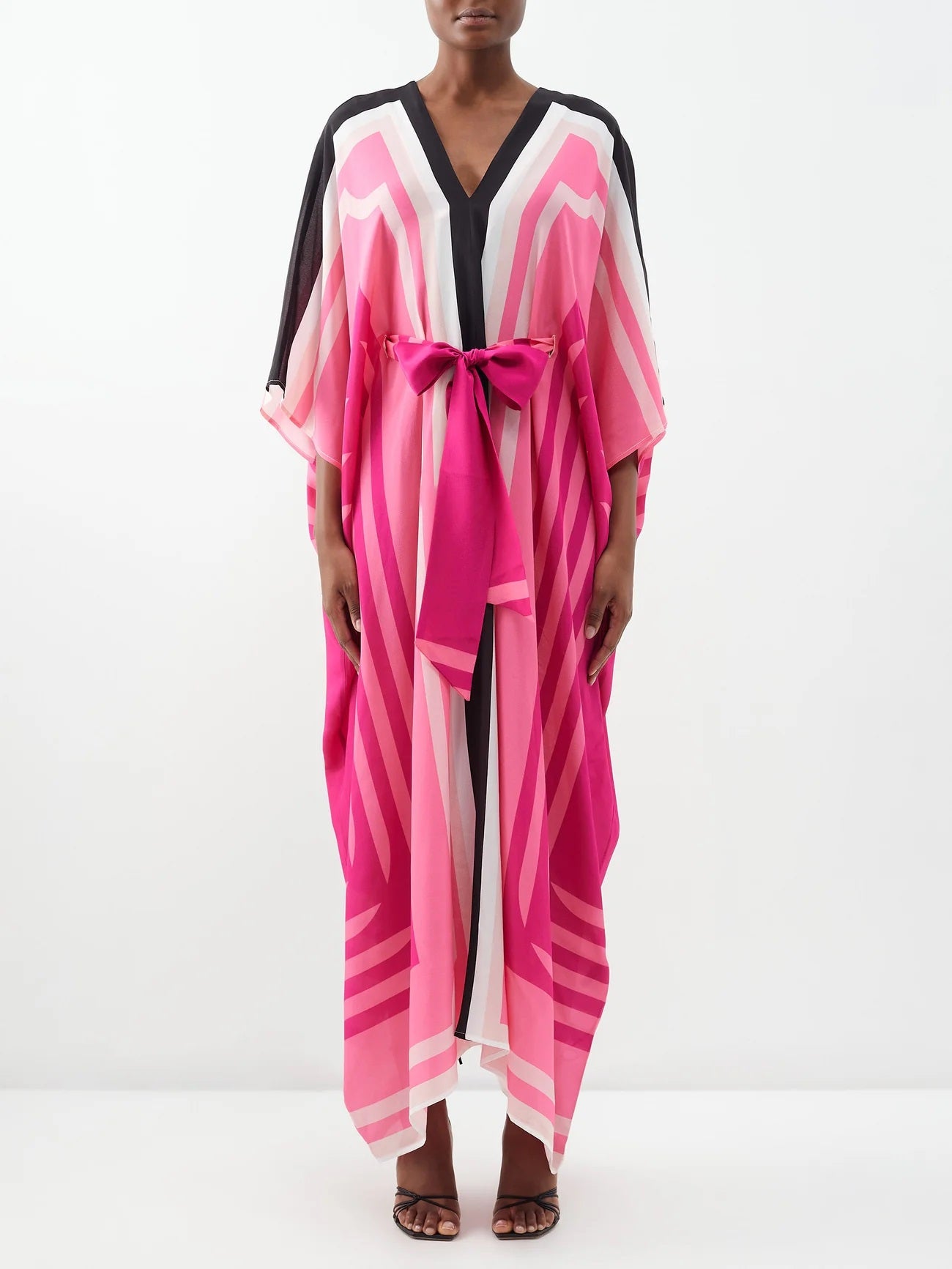 V-CUT STYLE SOFT SILK CREPE MAGENTA LINE PATTERN LONG KAFTAN