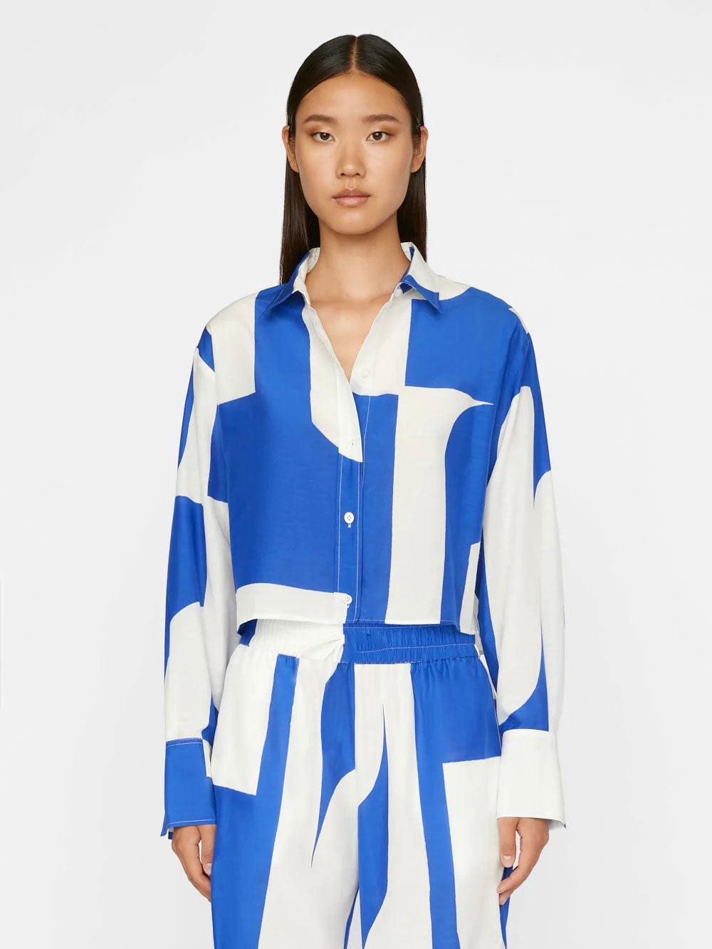 BLUE WHITE ABSTRACT COLLAR STYLE CO-ORD SET