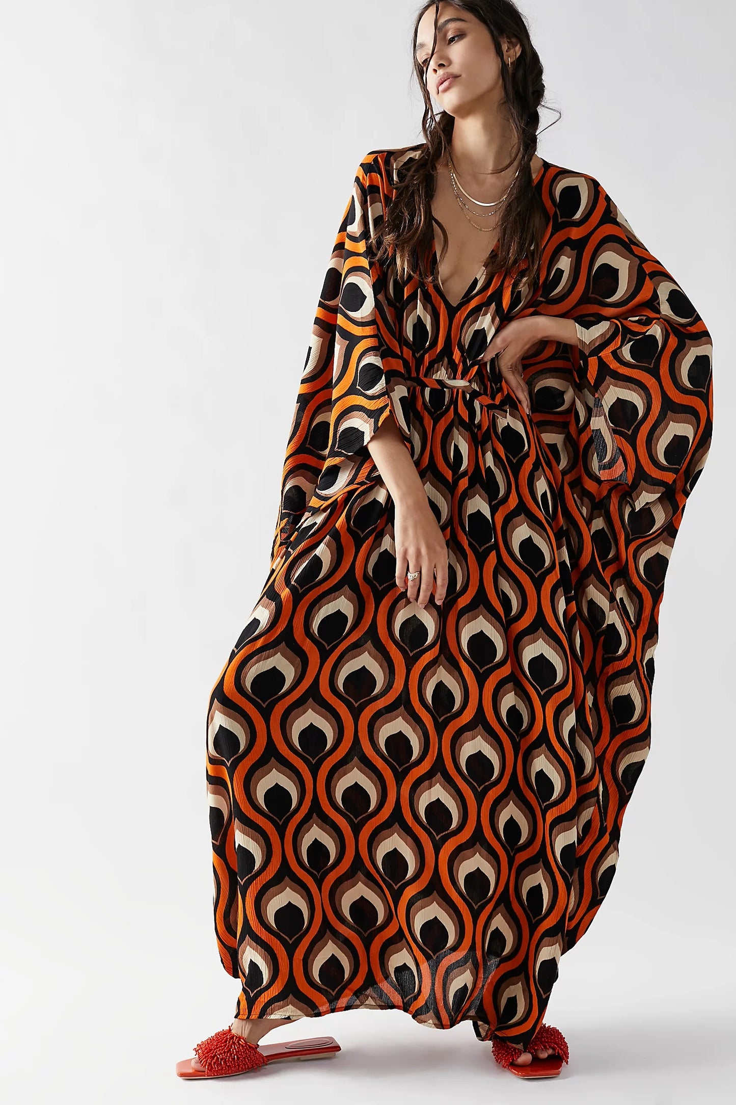 RETRO CHIC FLOWING MAXI DRESS WITH  GEOMETRIC PATTERN