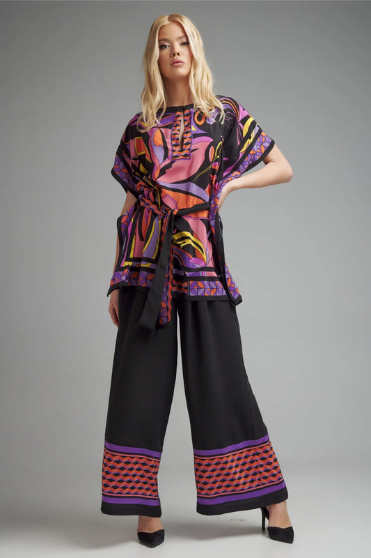 CATCH PATTERNED TOP WITH BELT &  FLOWING WIDE LEG PALAZZO PANTS