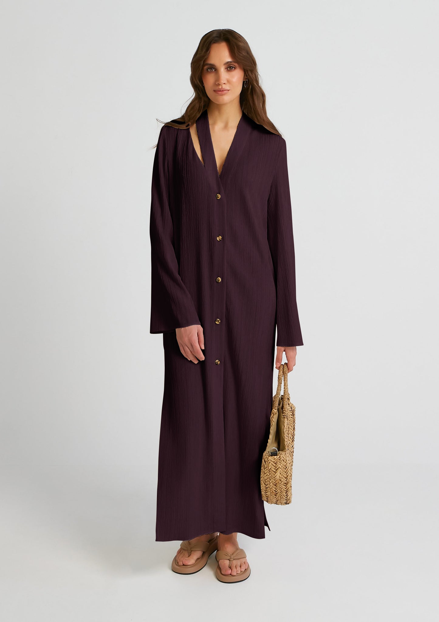 SOLID COLOR PLAIN OYSTER CRUSH SHIRT STYLE LONG DRESS