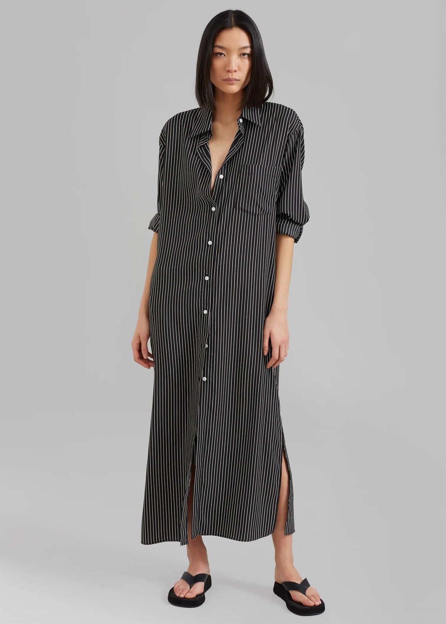 OPEN BUTTON COLLAR SHIRT STYLE LONG DRESS