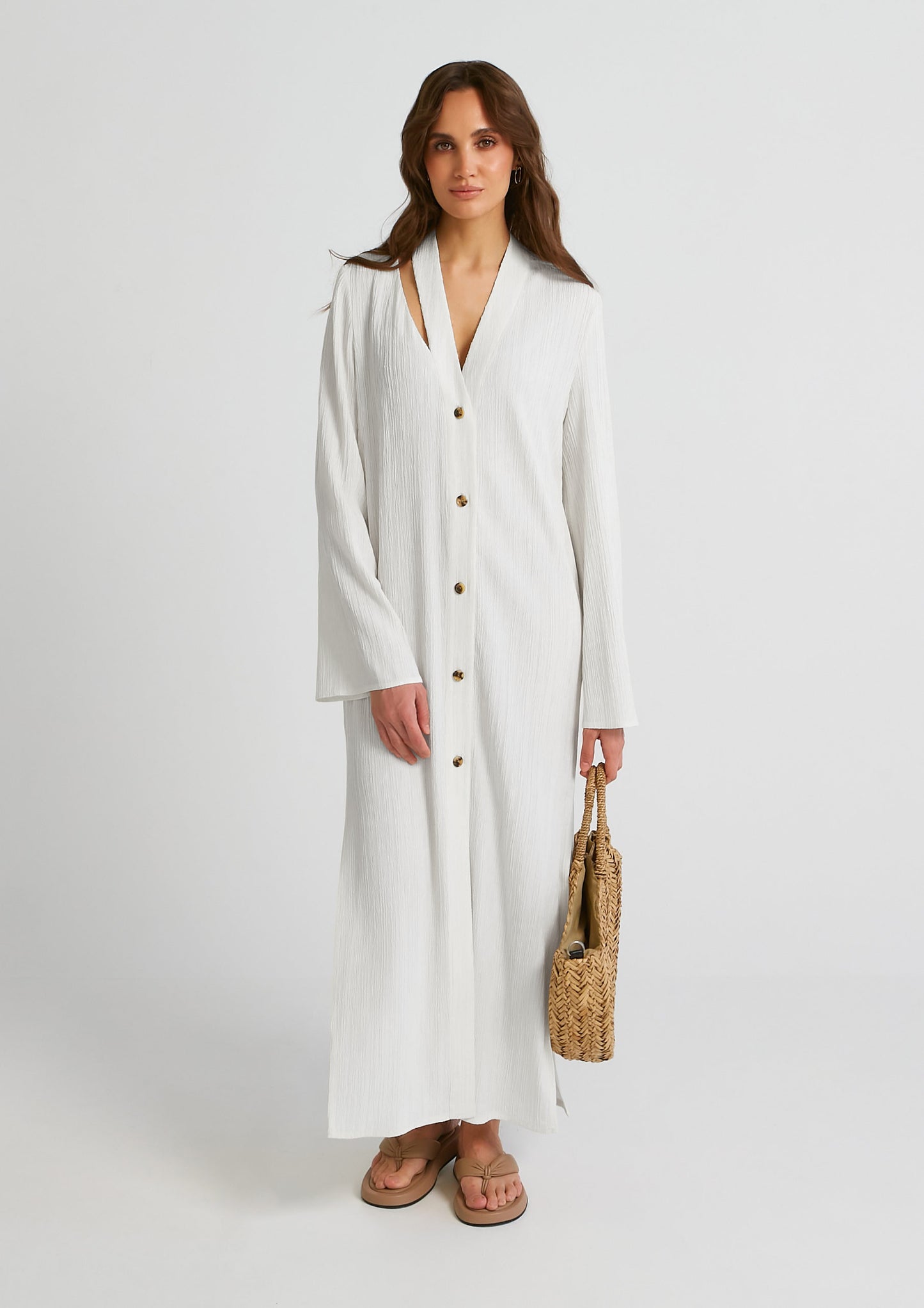 SOLID COLOR PLAIN OYSTER CRUSH SHIRT STYLE LONG DRESS