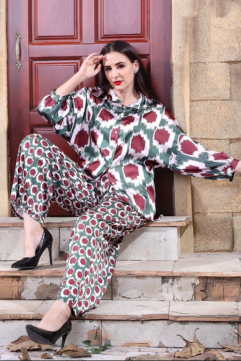 CAMOUFLAGE DIGITAL PRINTED SOFT SATIN SILK SHIRT STYLE COORD SET