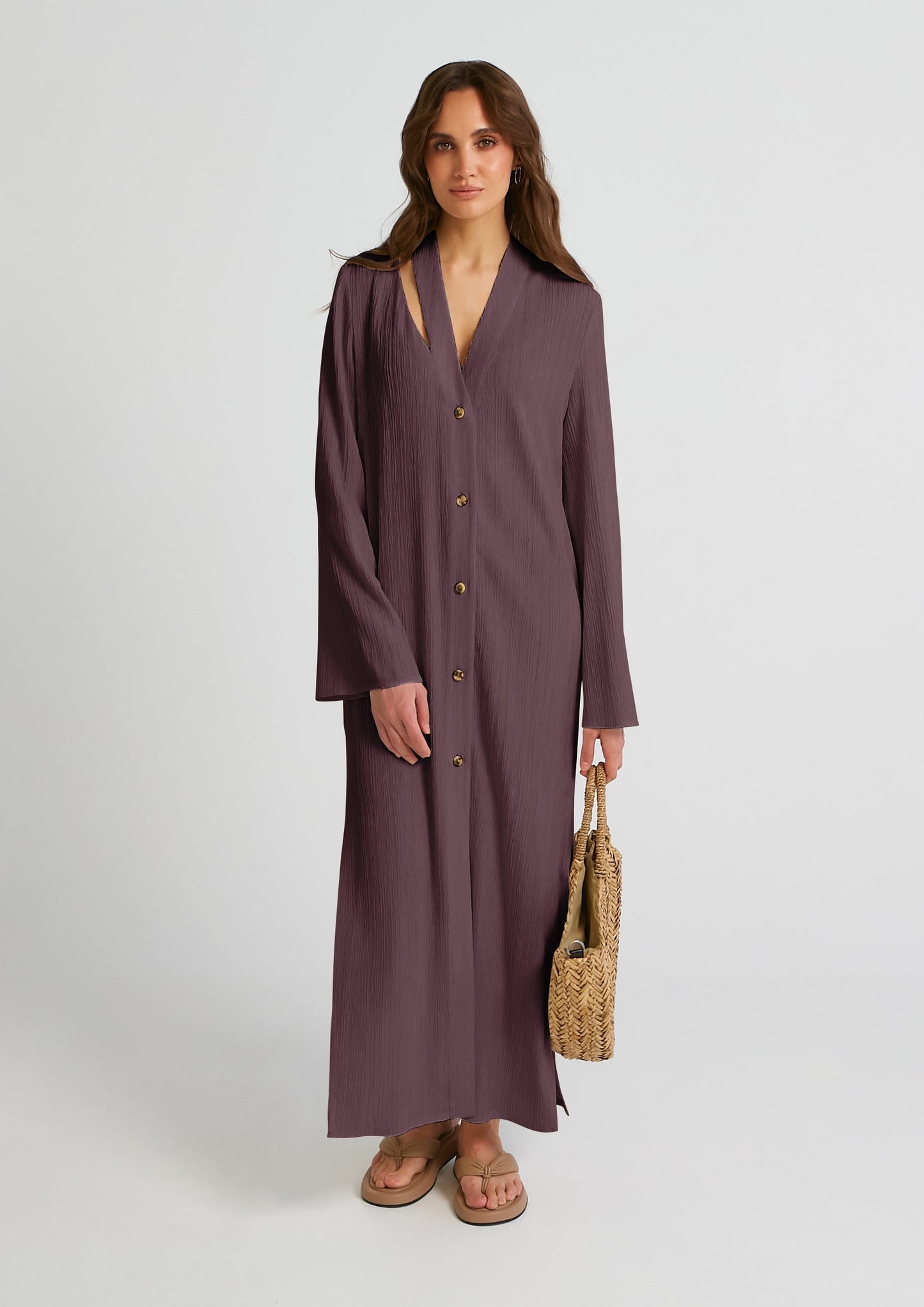 SOLID COLOR PLAIN OYSTER CRUSH SHIRT STYLE LONG DRESS