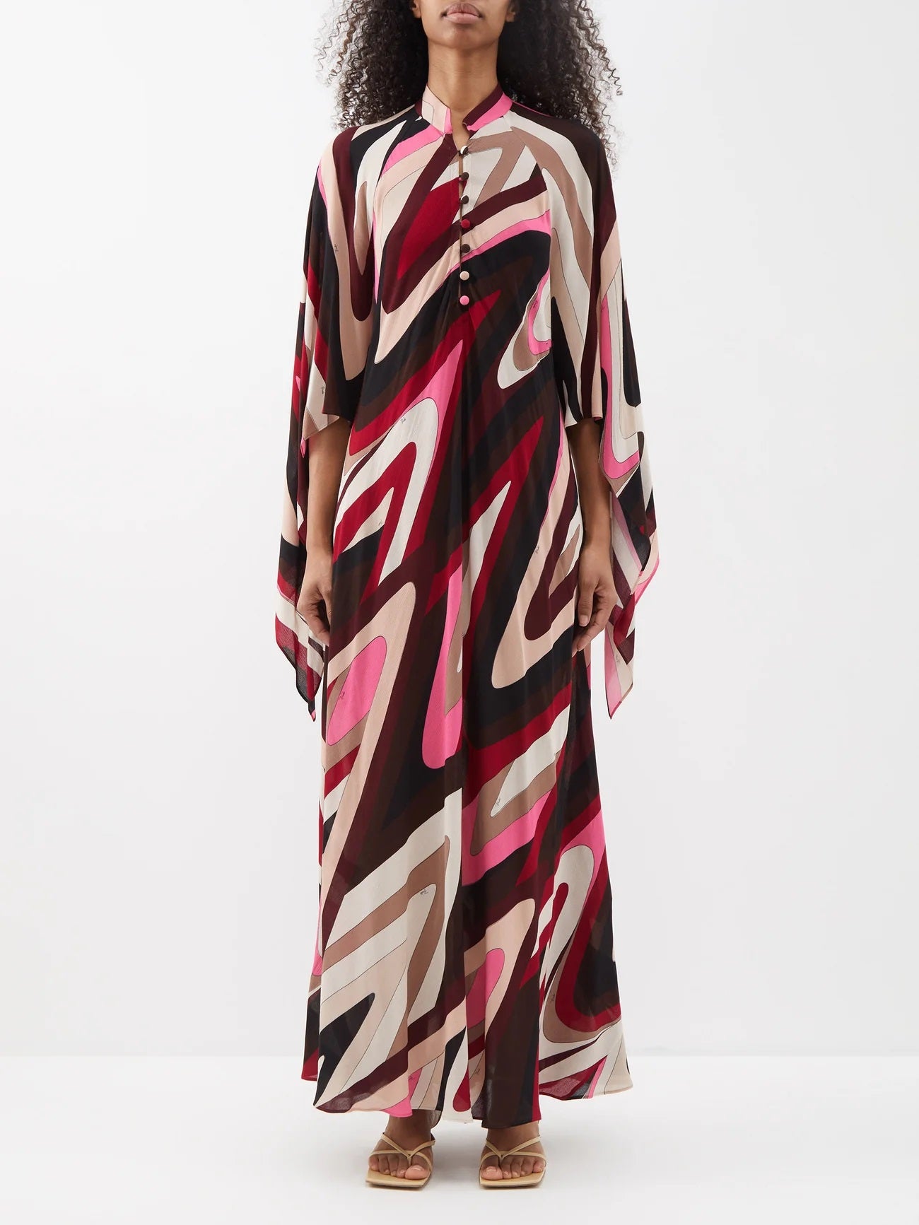 COLLAR OPEN BUTTON PRINTED LONG KAFTAN WITH FLAIRED SLEEVES