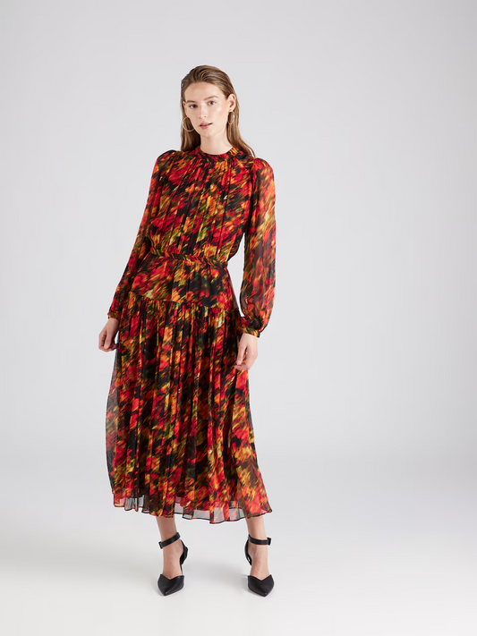 VIBRANT AUTUMN HUES ABSTRACT DRESS - PLEATED DESIGN WITH BELT