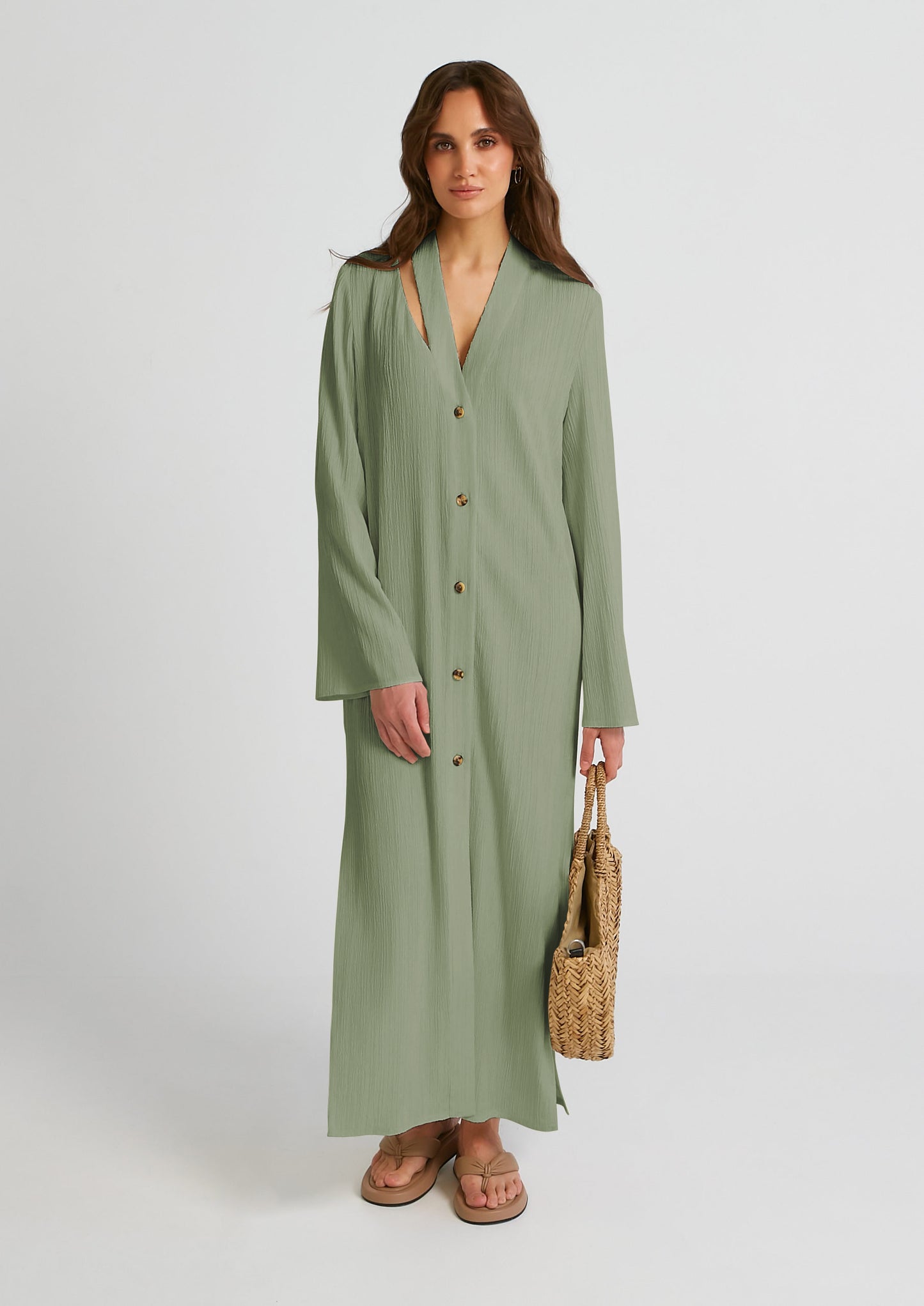 SOLID COLOR PLAIN OYSTER CRUSH SHIRT STYLE LONG DRESS