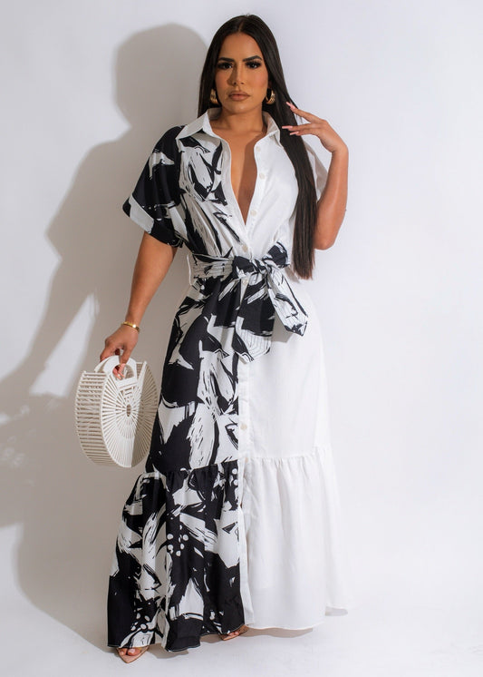 BLACK & WHITE ABSTRACT PRINT MAXI DRESS WITH BELT AND V-NECK Style