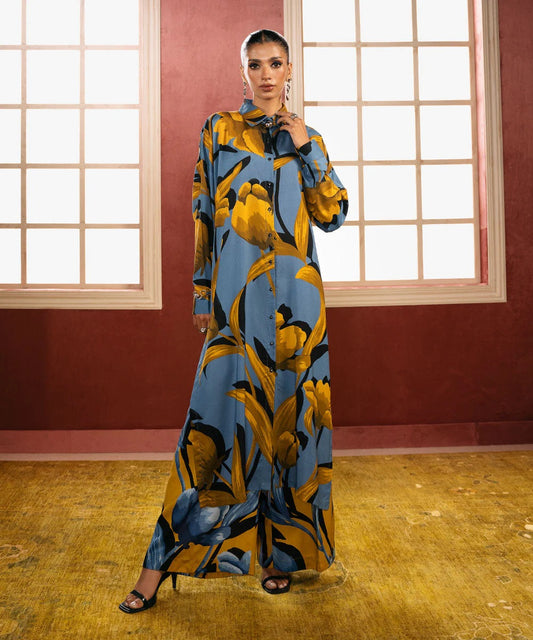 AZURE BLUE AND GOLDEN FLORAL LONG TOP AND PANT SET