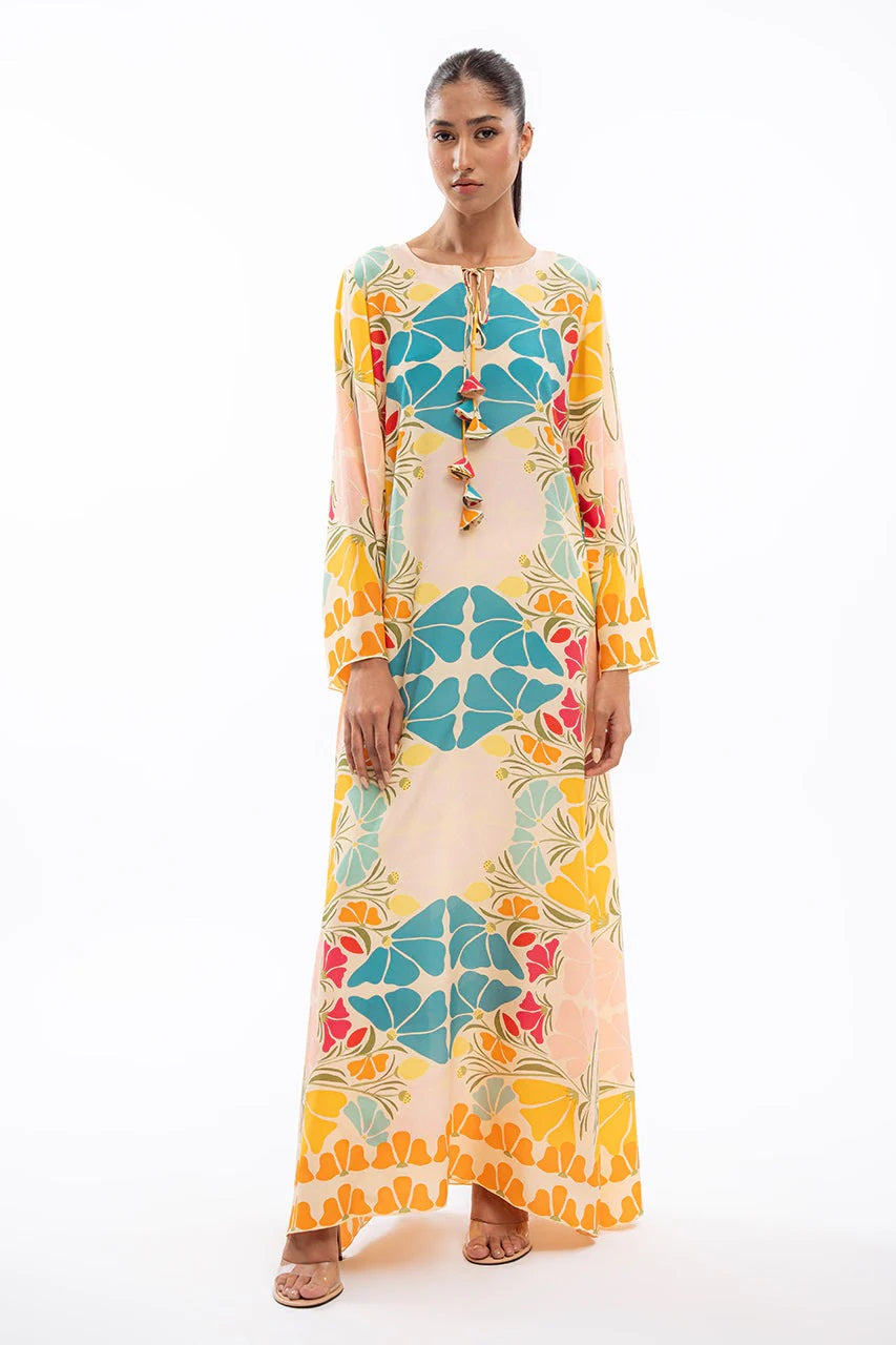 VIBRANT LONG-SLEEVE MAX DRESS WITH COLORFUL GEOMETRIC FLORAL PRINT