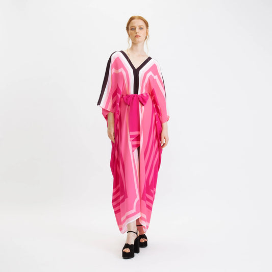 V-CUT STYLE SOFT SILK CREPE MAGENTA LINE PATTERN LONG KAFTAN