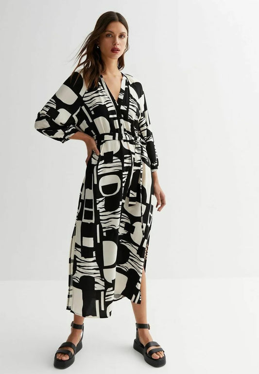 MODERN ABSTRACT PRINTED SHIRT DRESS WITH BELT STYLE