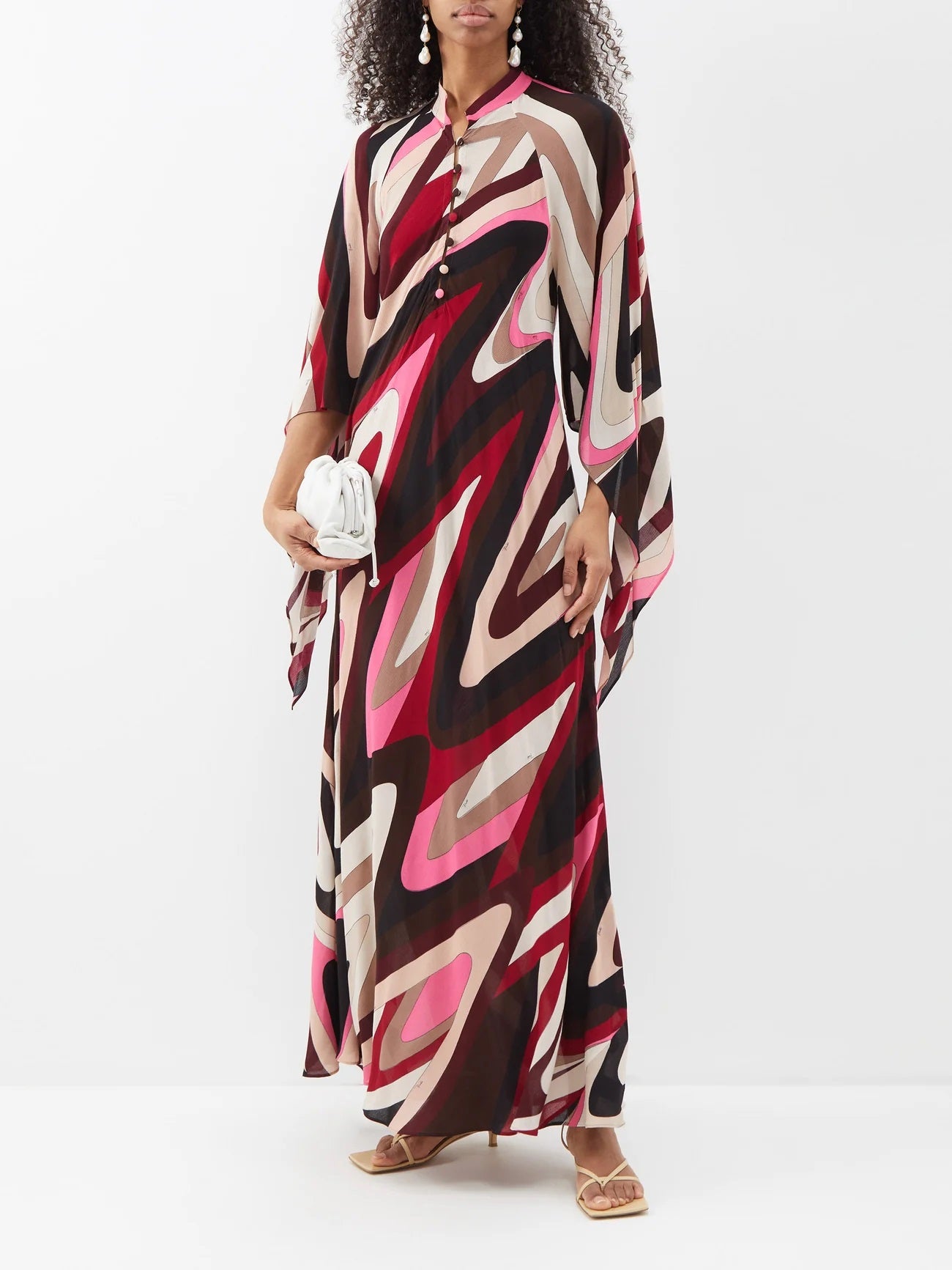 COLLAR OPEN BUTTON PRINTED LONG KAFTAN WITH FLAIRED SLEEVES