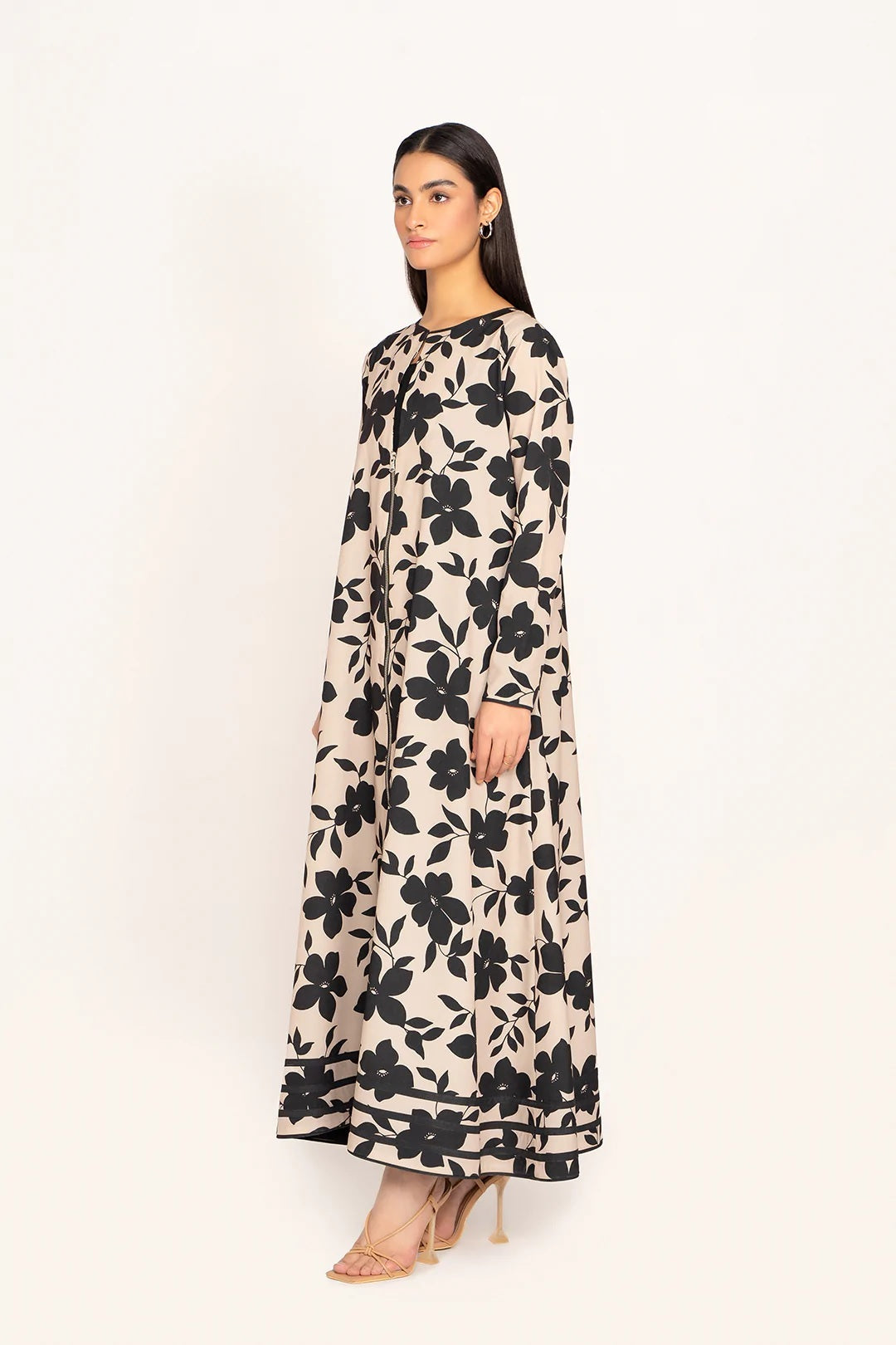 FLORAL PRINTED CHAIN STYLE LONG TOP+BLACK INNER COMBO DRESS