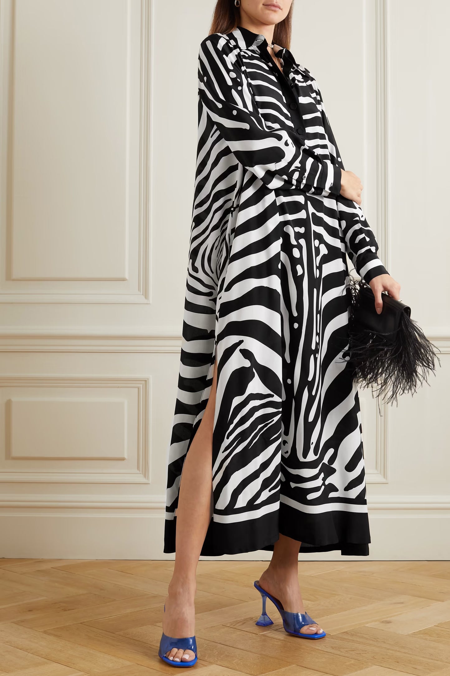 BLACK-WHITE GAZE STRIPED FULL SLEEVES LONG DRESS