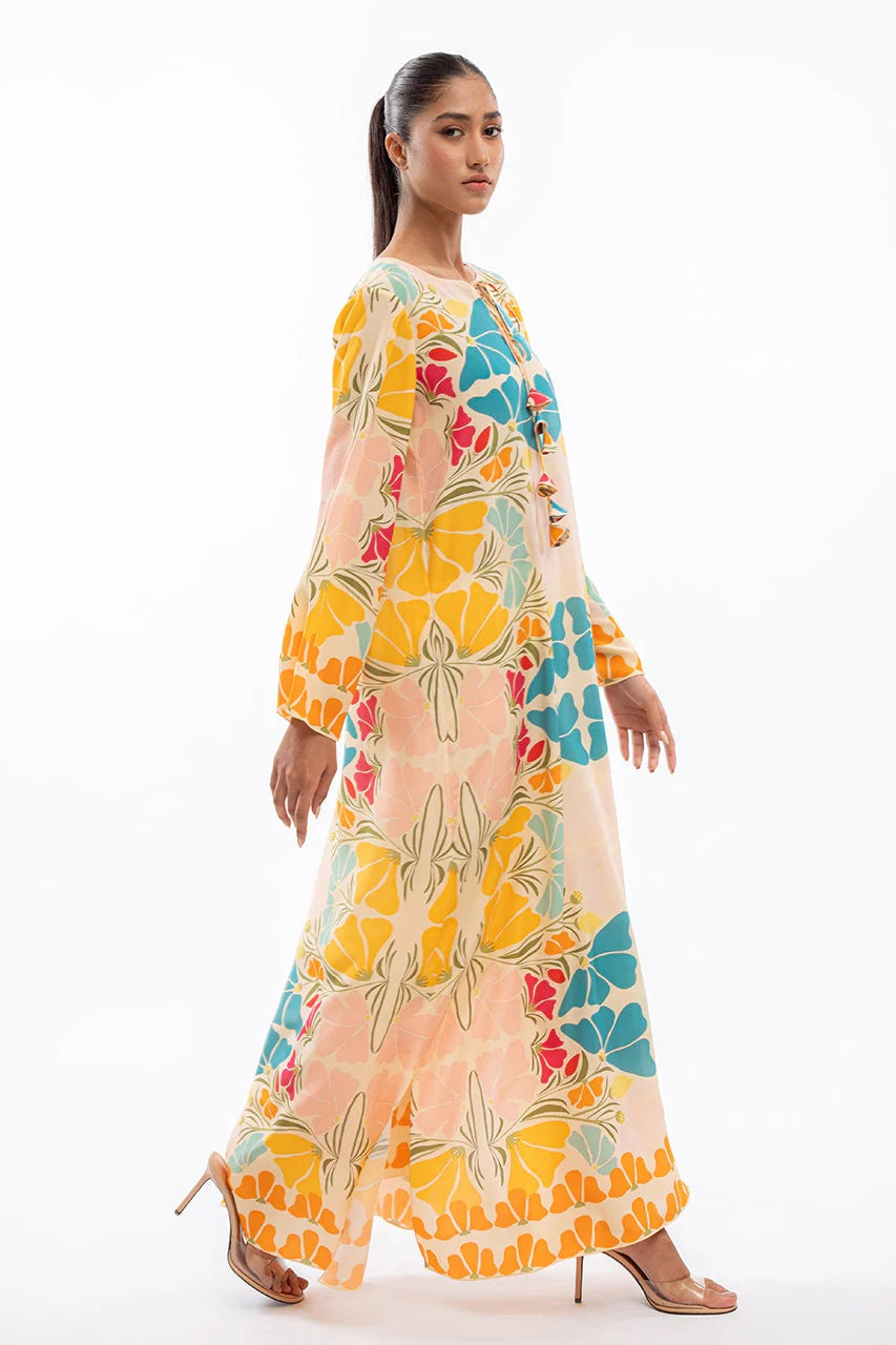 VIBRANT LONG-SLEEVE MAX DRESS WITH COLORFUL GEOMETRIC FLORAL PRINT