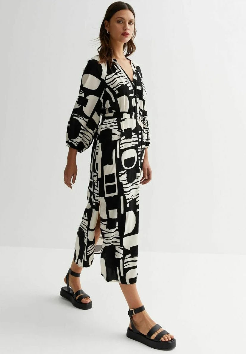 MODERN ABSTRACT PRINTED SHIRT DRESS WITH BELT STYLE