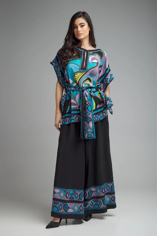 ELEGANT FUSION FLORAL PRINTED TOP + WIDE LEG PLAZZO SET+ BELT