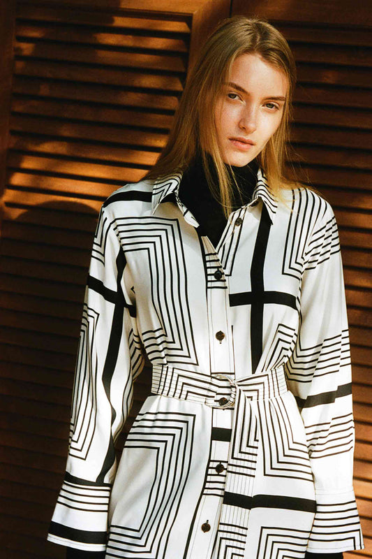 GEOMETRIC TWILL PREMIUM SHIRT DRESS
