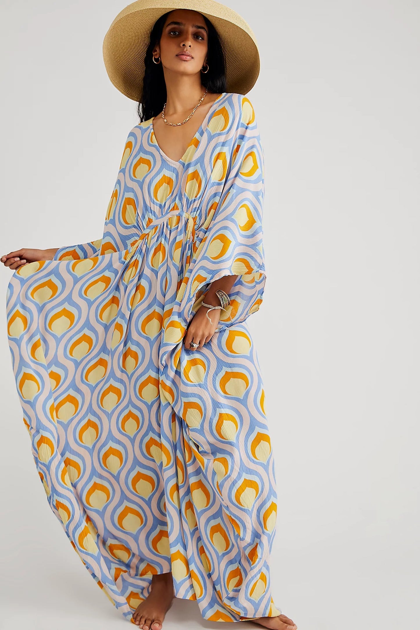 RETRO CHIC FLOWING MAXI DRESS WITH  GEOMETRIC PATTERN