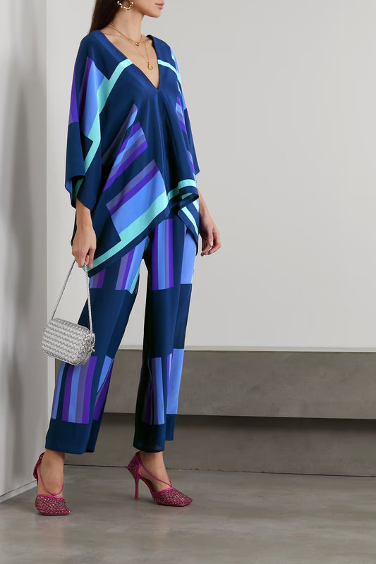 PHANTOM BLUE V NECK ABSTRACT WITH POCKETS PRINTED COORD SET