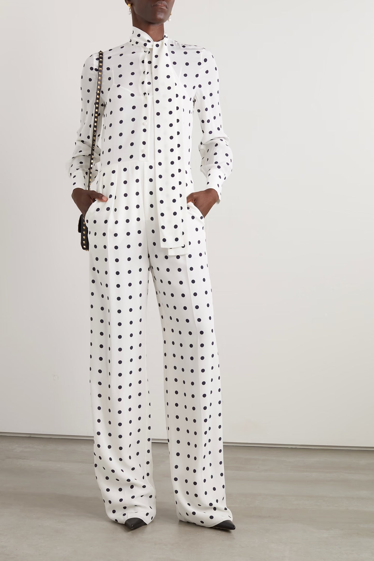 PREMIUM POLKA DOT STYLE JUMP SUIT WITH NECK BELT COLLAR