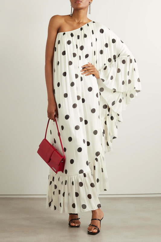 PREMIUM OFF SHOULDER POLKA DOTS TWILL CHIFFON FULL DRESS