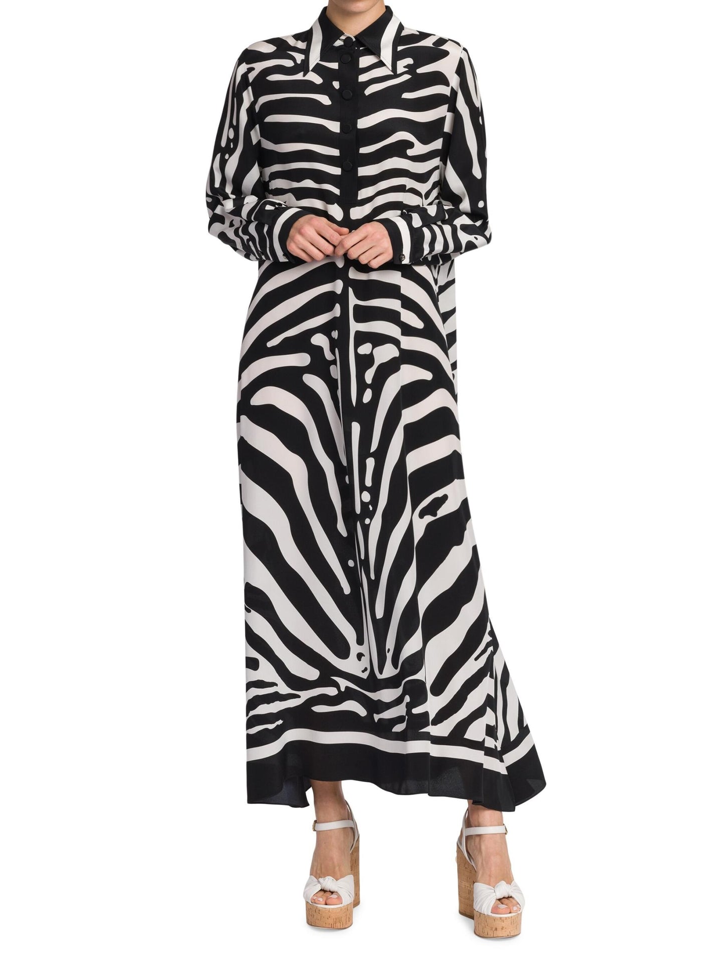 BLACK-WHITE GAZE STRIPED FULL SLEEVES LONG DRESS