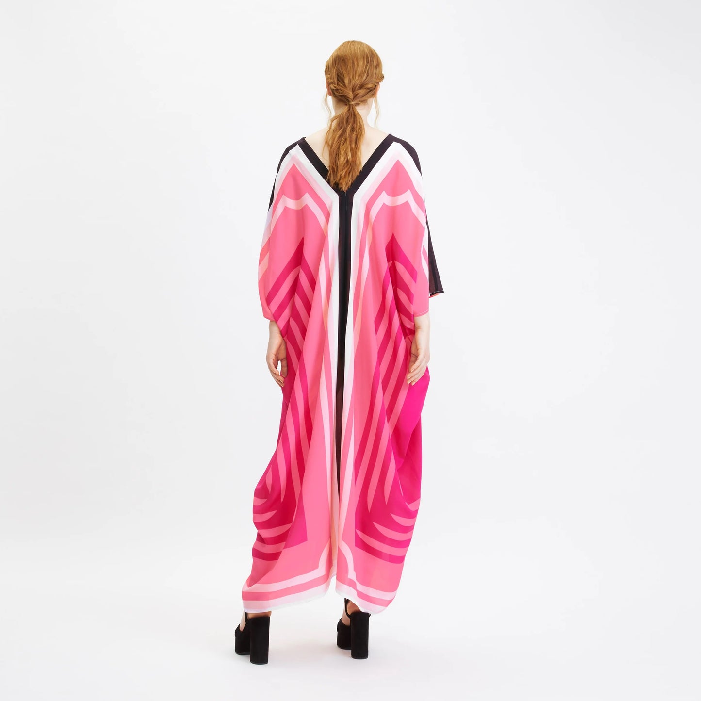 V-CUT STYLE SOFT SILK CREPE MAGENTA LINE PATTERN LONG KAFTAN