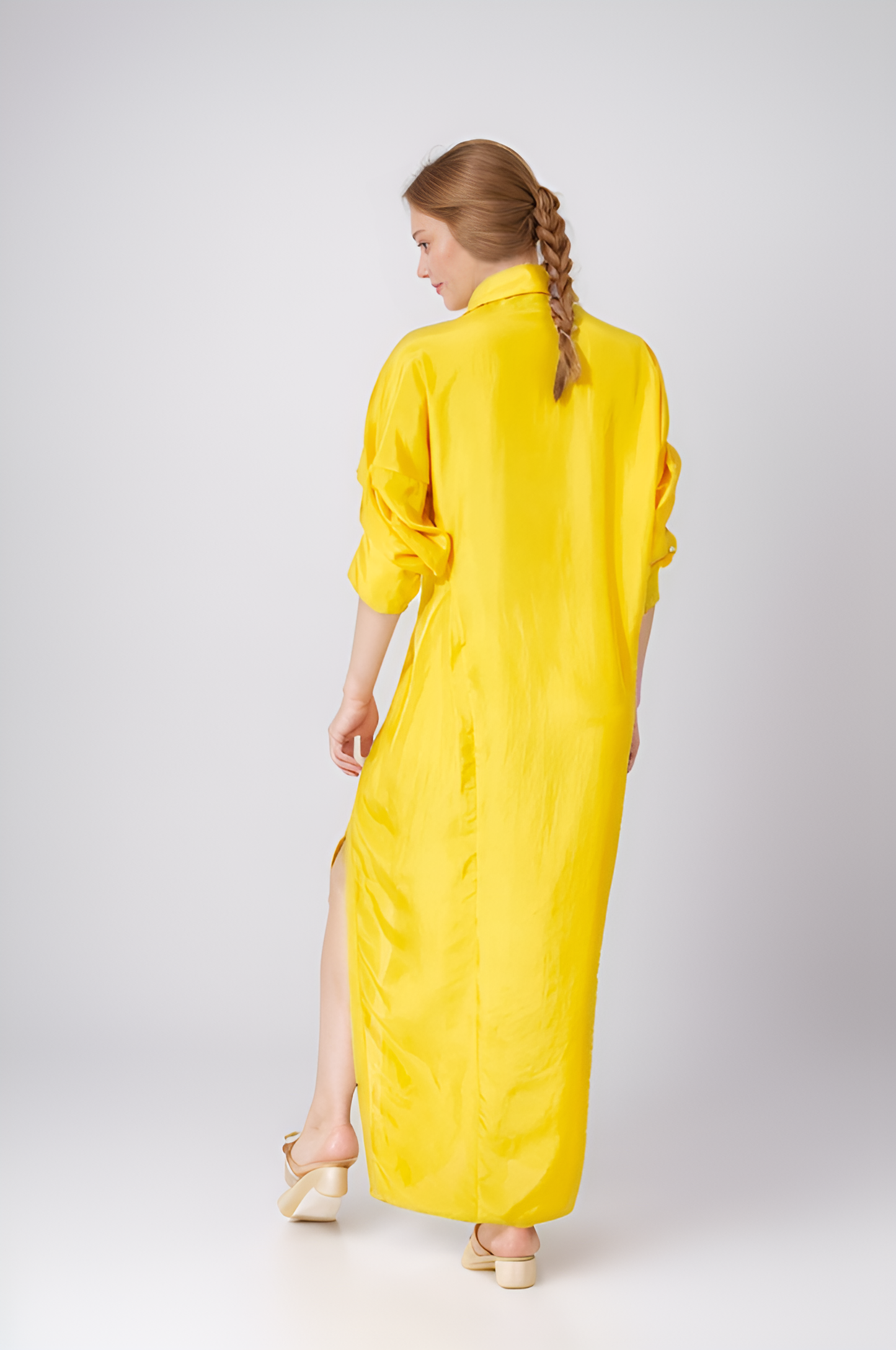 YELLOW SLEEK STYLE COLLAR WEAR LONG SLIT DRESS