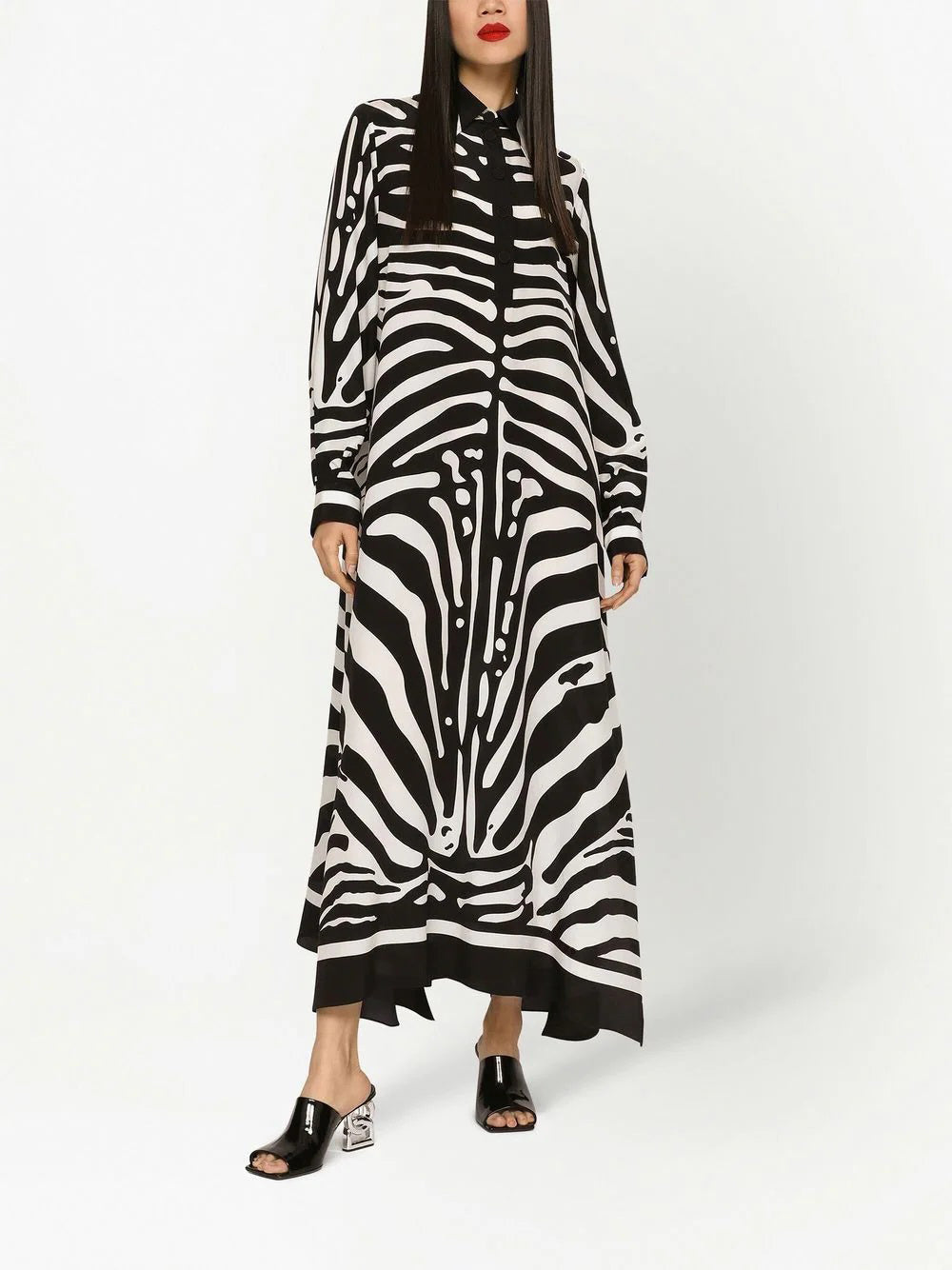 BLACK-WHITE GAZE STRIPED FULL SLEEVES LONG DRESS