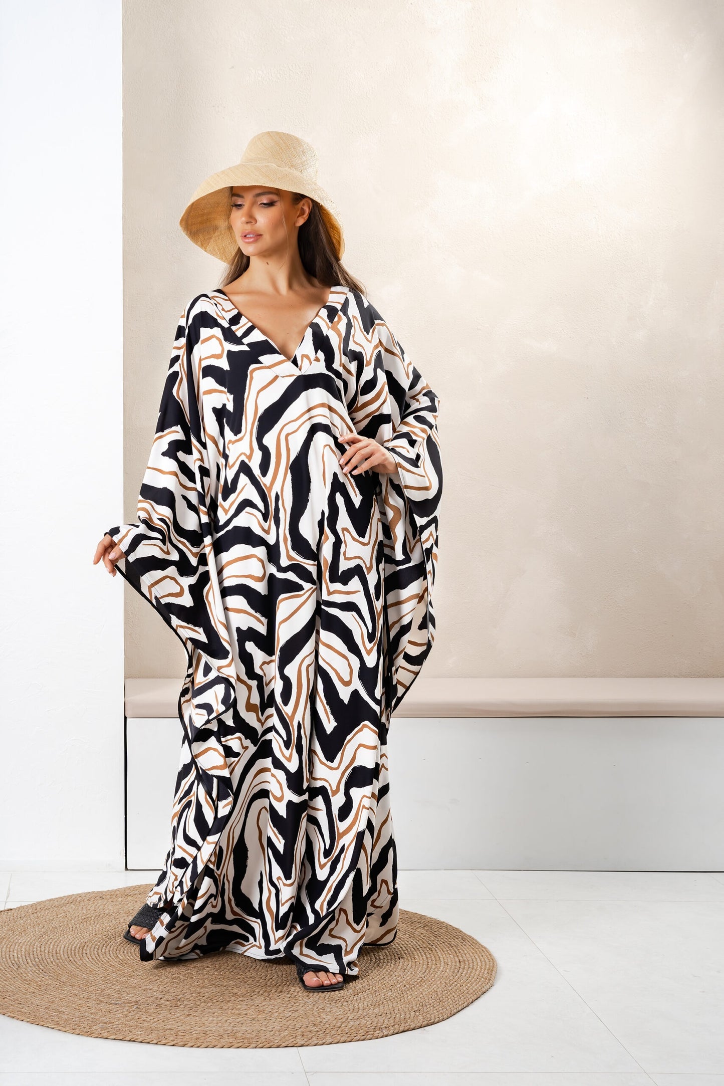 V- CUT NECK PREMIUM LONG WILD PATTERN KAFTAN DRESS