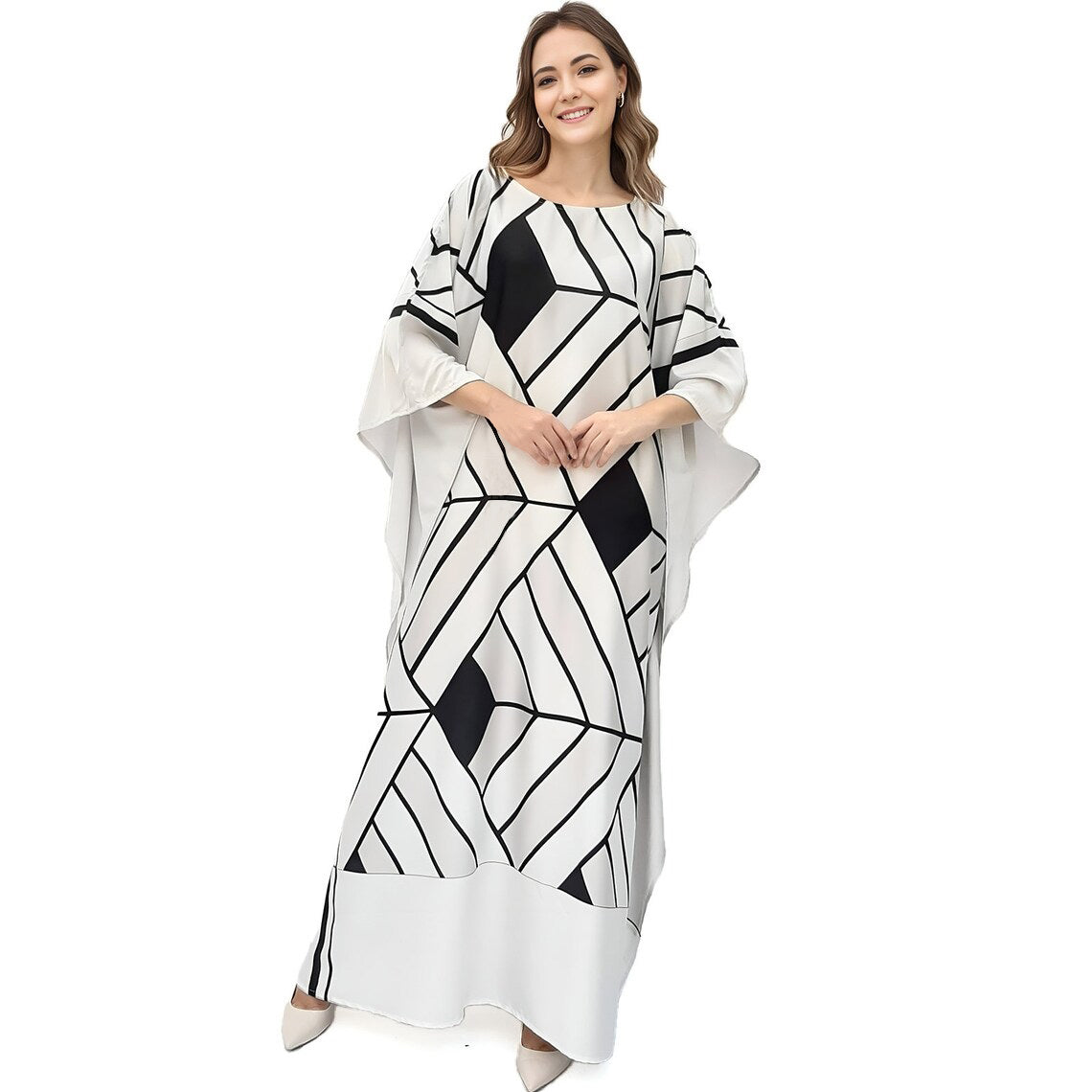 GEOMETRIC WEB SATIN SILK LONG KAFTAN