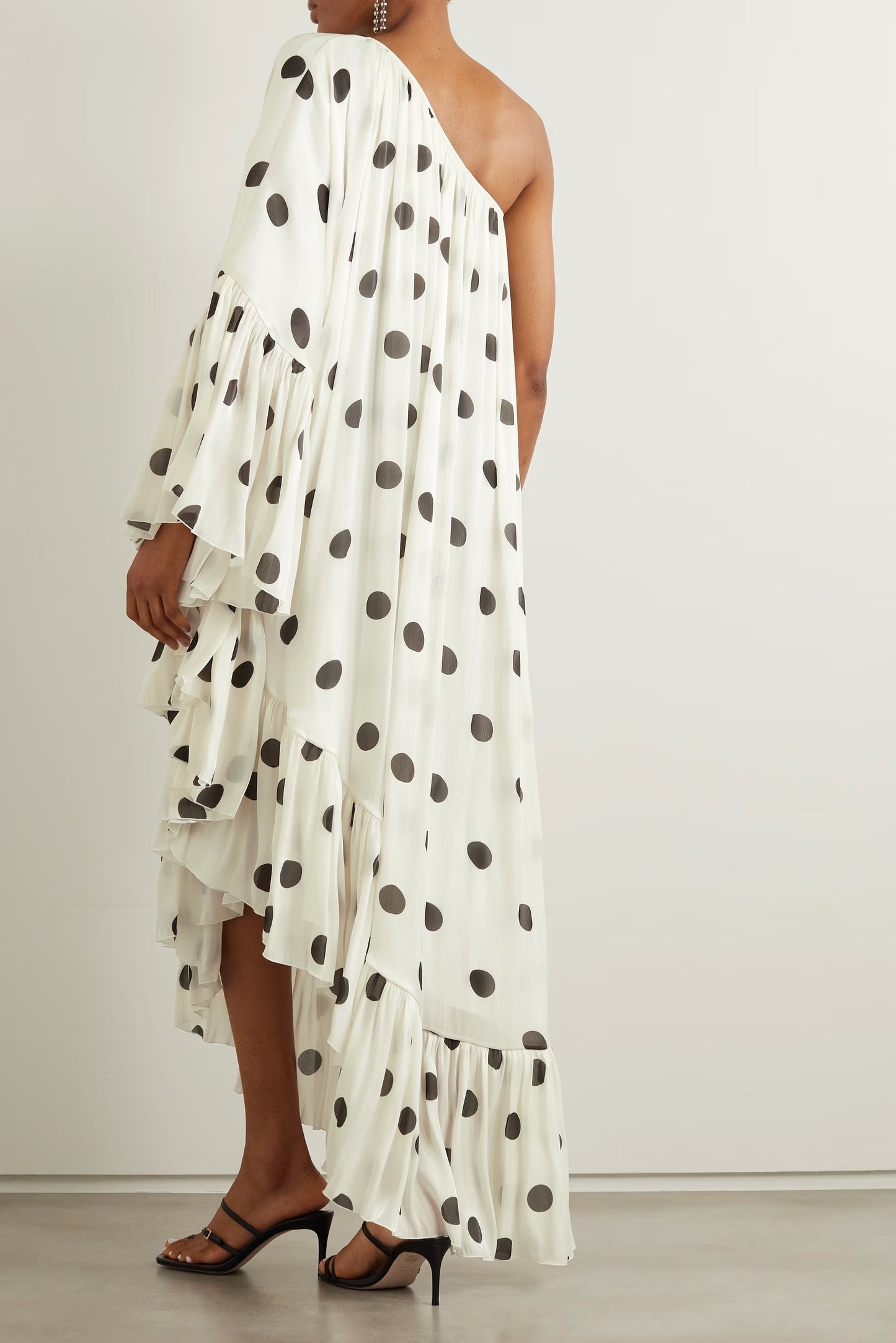 PREMIUM OFF SHOULDER POLKA DOTS TWILL CHIFFON FULL DRESS