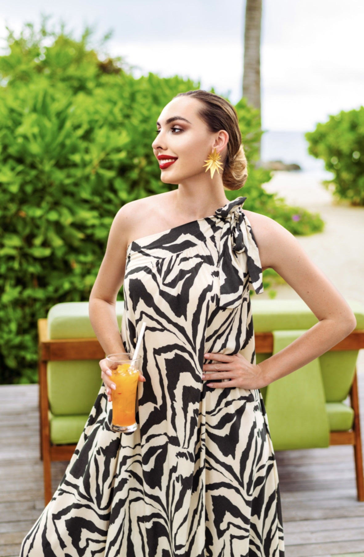 SOFT PRINTED LONG FLAIRS OFF-SHOULDER COTTON KAFTAN