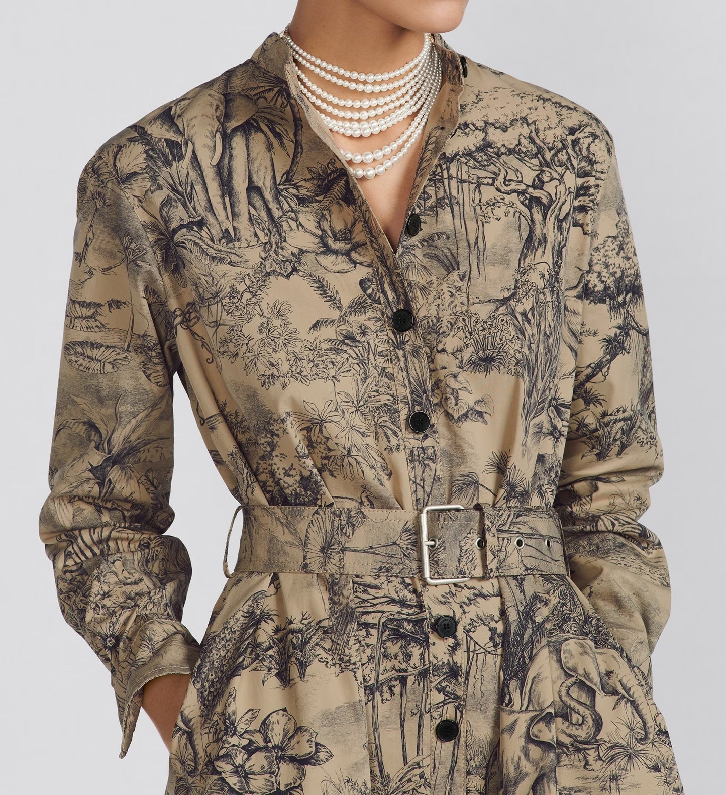 ELEGANT LOMG-SLEEVE TRENCH DRESS WITH INTRICATE NATURE PRINT