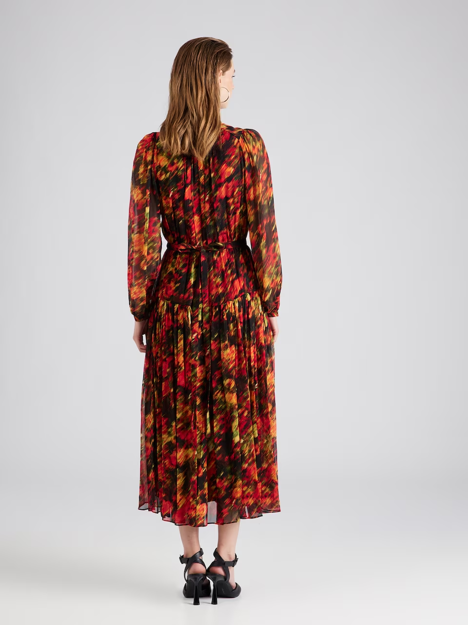 VIBRANT AUTUMN HUES ABSTRACT DRESS - PLEATED DESIGN WITH BELT